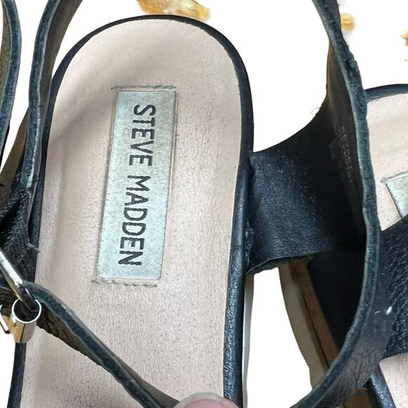 Steve Madden Black Leather Kristen Wedge Cork Platform Sandal Size 8 1/2 - Picture 6 of 9